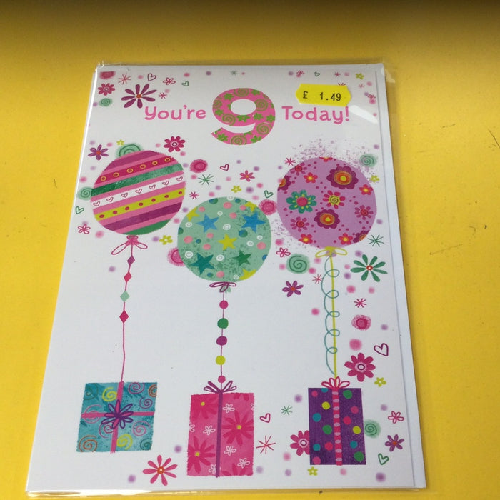 Age 9 Pink Balloons Card