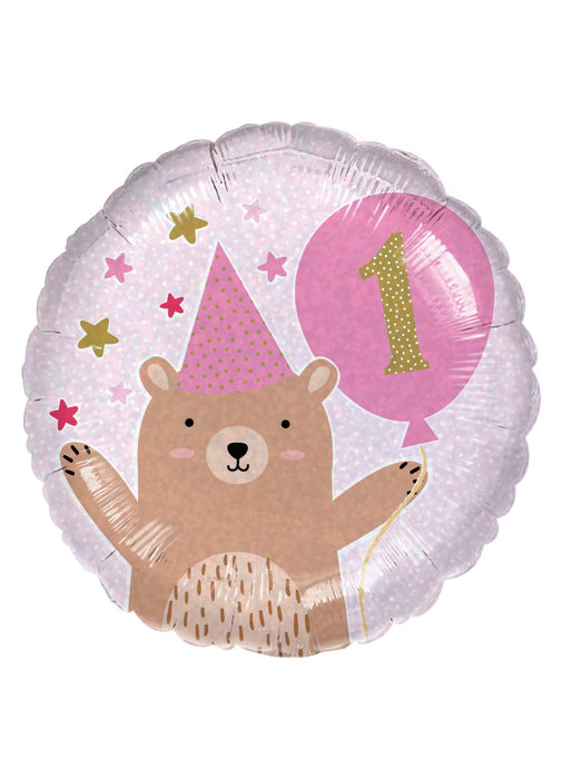 1st Birthday Bear Girl Foil Balloon