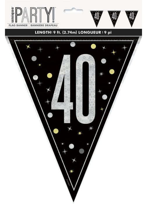 Black Glitz 40th Birthday Flag Banner