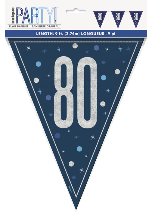 Blue Glitz 80th Birthday Flag Banner