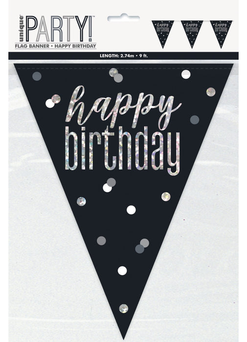 Black Glitz Happy Birthday Flag Banner