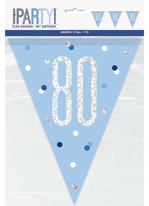 Blue Glitz 80th Birthday Flag Banner